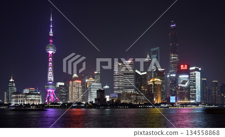 Cityscape night view across Huangpu River of Oriental Pearl Tower and Pudong new area in Shanghai, China Cityscape night view across Huangpu River of Oriental Pearl Tower and Pudong new area in Shanghai, China 134558868