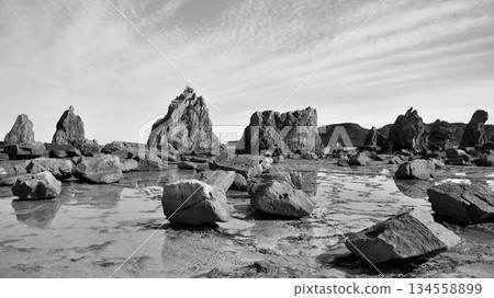Hashigui Rocks natural stone formations in Kushimoto Town in Kii Peninsula in Wakayama, Japan 134558899
