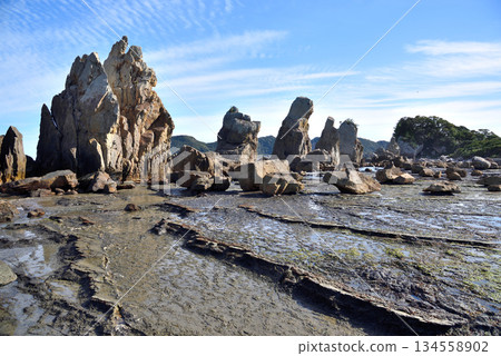 Hashigui Rocks natural stone formations in Kushimoto Town in Kii Peninsula in Wakayama, Japan 134558902