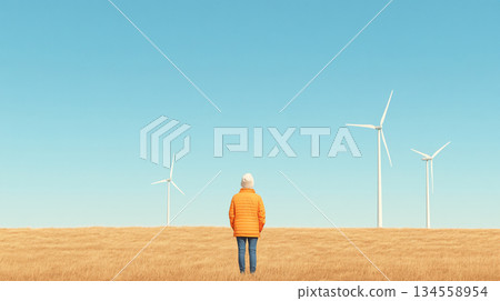 Man standing in an open field at a wind farm. sustainability at a modern wind farm. AI Generated. Man standing in an open field at a wind farm. sustainability at a modern wind farm. AI Generated. 134558954