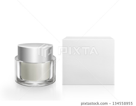 A cosmetic bottle with a lid and a white cardboard box on a white background. A cosmetic bottle with a lid and a white cardboard box on a white background. 134558955