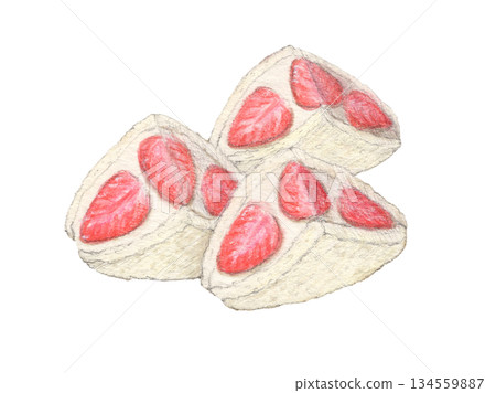 三片草莓三明治－水彩和色鉛筆插圖 134559887