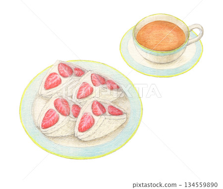 Strawberry sandwich and tea watercolor pencil illustration 134559890