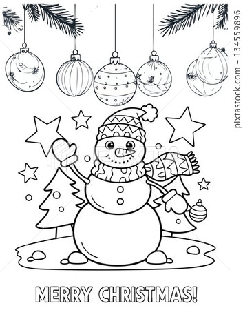 Festive Christmas Coloring Page with Snowman and Ornaments Festive Christmas Coloring Page with Snowman and Ornaments 134559896