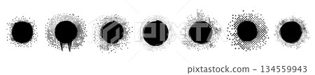 Abstract black vector shapes, halftone effect graphic design elements, circle dissolving grainy dots shape silhouettes Abstract black vector shapes, halftone effect graphic design elements, circle dissolving grainy dots shape silhouettes 134559943