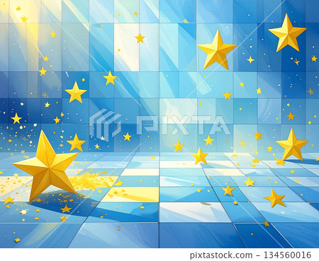 A luxurious background with light pouring down into a fantastic space of blue checkered tiles and countless gold stars. 134560016