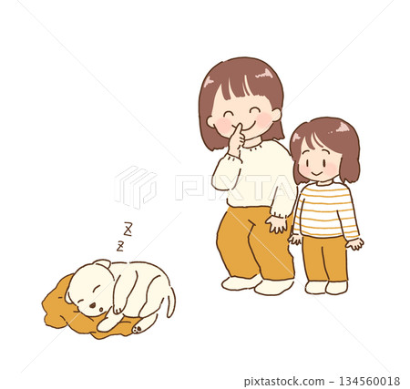 熟睡的小狗、父母和孩子 134560018