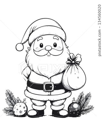 Cute Santa Claus Illustration with Christmas Ornaments and Pine Branches 134560020