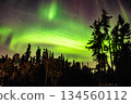 A vibrant green aurora over the forests of Yellowknife, Canada 134560112