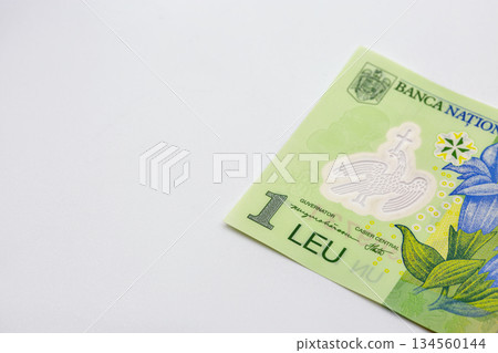 Romanian one leu banknote closeup on white background 134560144