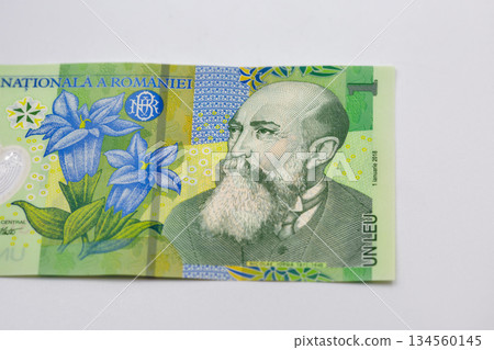 One leu banknote Romania money closeup on white. 134560145