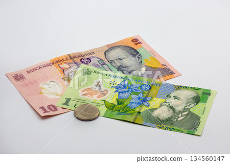 Romanian currency banknotes and coin closeup on white background Romanian currency banknotes and coin closeup on white background 134560147