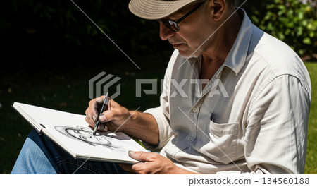 A man sits on the grass in a park and draws a portrait. He focuses on the paper while shadows move across his face. Sunlight filters through the trees around him. 134560188
