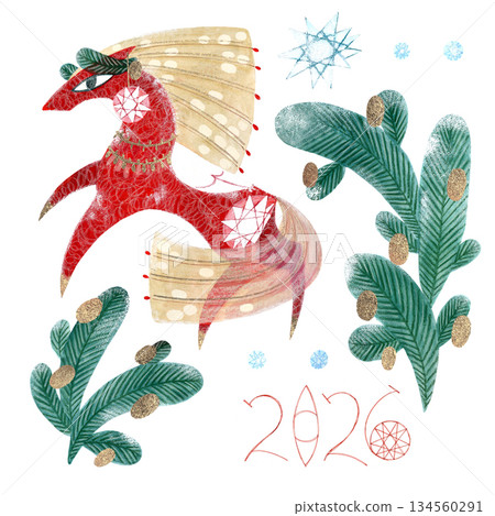 A set of illustrations depicting a red horse and spruce branches. Hand-drawn with paints and pencils. Suitable for decorating postcards, calendars, and festive products. 134560291