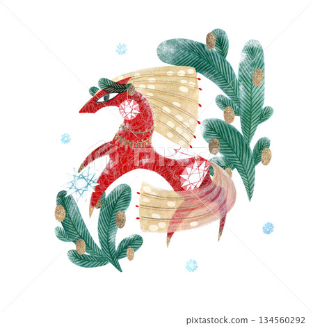 Winter illustration with a red horse and spruce branches. Hand-drawn with paints and pencils. Suitable for printing on calendars, souvenirs, and holiday cards. Winter illustration with a red horse and spruce branches. Hand-drawn with paints and pencils. Suitable for printing on calendars, souvenirs, and holiday cards. 134560292