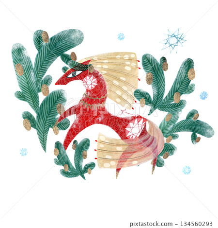 Winter illustration with a red horse and spruce branches on a white background. Hand-drawn with paints and pencils. Suitable for printing on calendars, souvenirs, and holiday cards. 134560293