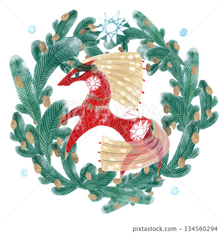 A winter wreath of fir branches with a red horse in the center. The illustration is hand-drawn with paints and pencils. Suitable for printing on festive souvenirs, postcards, and calendars. 134560294