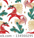 Seamless New Year's pattern with a red horse and fir branches on a white background. Hand-drawn with paints and pencils. Suitable for printing on fabric and paper. 134560295