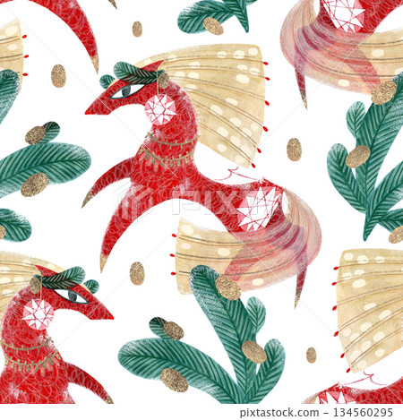 Seamless New Year's pattern with a red horse and fir branches on a white background. Hand-drawn with paints and pencils. Suitable for printing on fabric and paper. Seamless New Year's pattern with a red horse and fir branches on a white background. Hand-drawn with paints and pencils. Suitable for printing on fabric and paper. 134560295