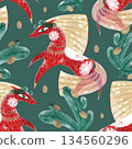 Seamless New Year's pattern with a red horse and fir branches on a green background. Hand-drawn with paints and pencils. Suitable for printing on fabric and paper. 134560296