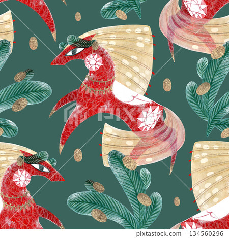 Seamless New Year's pattern with a red horse and fir branches on a green background. Hand-drawn with paints and pencils. Suitable for printing on fabric and paper. 134560296