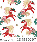 Seamless New Year's pattern with a red horse and branches on a white background. The illustrations are hand-drawn with paints and pencils. Suitable for printing on fabric and paper. 134560297