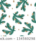 Seamless winter pattern with a picture of spruce branches on a white background. Hand-drawn with watercolors and pencils. Suitable for printing on fabric and paper. 134560298