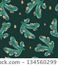Seamless winter pattern with a picture of spruce branches on a green background. Hand-drawn with watercolors and pencils. Suitable for printing on fabric and paper. 134560299