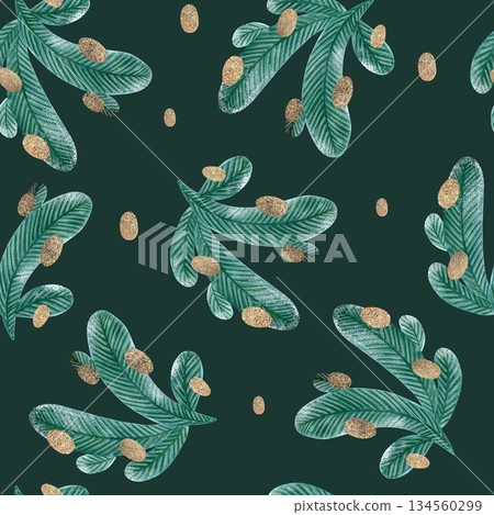 Seamless winter pattern with a picture of spruce branches on a green background. Hand-drawn with watercolors and pencils. Suitable for printing on fabric and paper. Seamless winter pattern with a picture of spruce branches on a green background. Hand-drawn with watercolors and pencils. Suitable for printing on fabric and paper. 134560299
