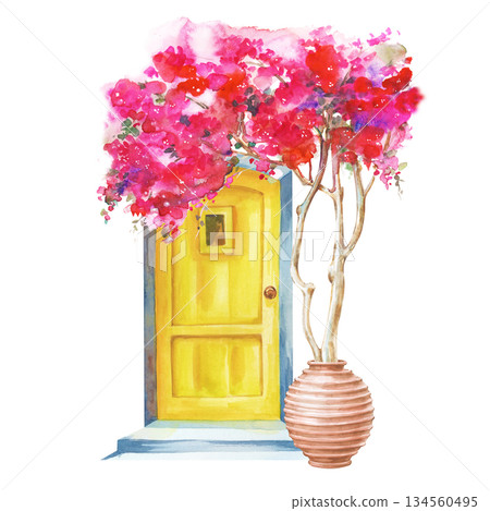 A composition with a bright yellow door and a bush of bright bougainvillea flowers in a clay pot. Watercolor illustration of a traditional Greek architectural fragment with pink flowers on an isolated 134560495