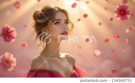 Young woman with flowing hair surrounded by pink flowers and soft light in a dreamy atmosphere Young woman with flowing hair surrounded by pink flowers and soft light in a dreamy atmosphere 134560751
