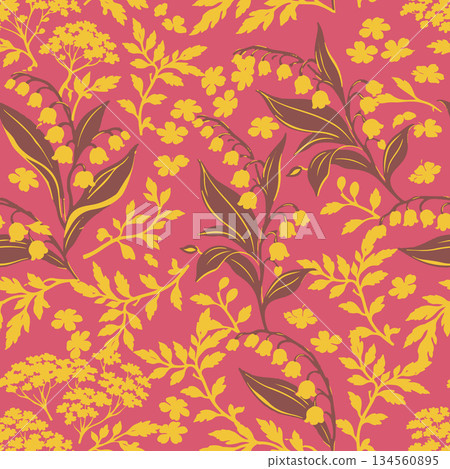 Elegant hand drawn Lily of the Valley seamless pattern. Romantic floral design for luxury textiles, wallpaper, spring weddings, and apparel prints. 134560895