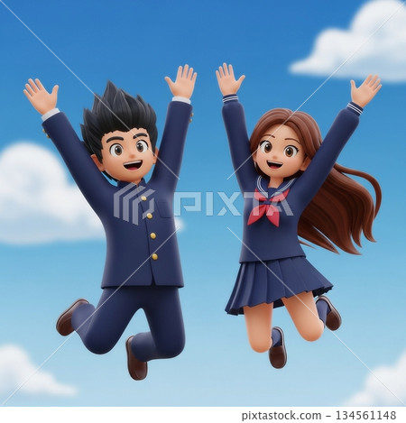 身穿制服的男女學生在藍天下高舉雙臂跳躍 身穿制服的男女學生在藍天下高舉雙臂跳躍 134561148
