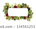 A rectangular banner decorated with figs and fig tree leaves on a white background. The illustration is hand-drawn in watercolor. Suitable for decorating postcards, souvenirs, and printed products. 134561253