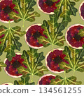 Seamless pattern with fig tree leaves and figs in cross-section on an olive background. The illustrations are hand-drawn watercolors. Suitable for printing on fabric and paper. 134561255