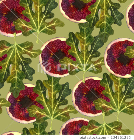 Seamless pattern with fig tree leaves and figs in cross-section on an olive background. The illustrations are hand-drawn watercolors. Suitable for printing on fabric and paper. Seamless pattern with fig tree leaves and figs in cross-section on an olive background. The illustrations are hand-drawn watercolors. Suitable for printing on fabric and paper. 134561255