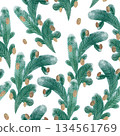 Seamless pattern with snow-covered spruce branches on a white background. Hand-drawn with paints and pencils. Suitable for printing on fabric and paper. 134561769