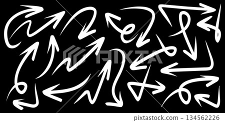 Set of Hand drawn vector arrows doodle on black background. design element vector illustration. Set of Hand drawn vector arrows doodle on black background. design element vector illustration. 134562226