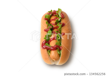 Vertical view of a hot dog 134562256