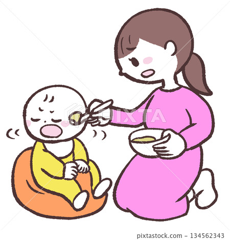 插圖描繪了一位拒絕進食的女人和她的嬰兒 插圖描繪了一位拒絕進食的女人和她的嬰兒 134562343