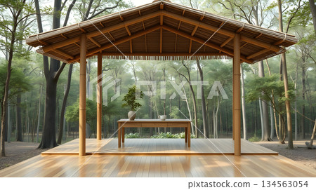 Tranquil wooden gazebo nestled in a lush green forest, perfect for relaxation and nature appreciation. Tranquil wooden gazebo nestled in a lush green forest, perfect for relaxation and nature appreciation. 134563054