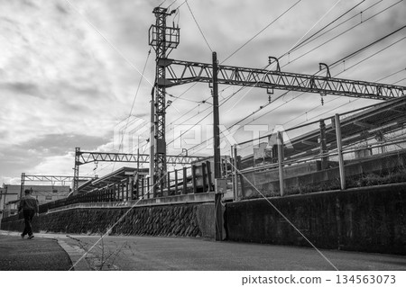 Monochrome: A man heading to the station Monochrome: A man heading to the station 134563073