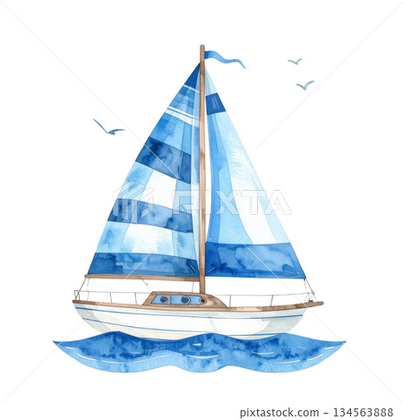 藍色帆船的可愛水彩插圖 134563888