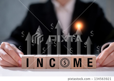 Income increase business finance growth on wooden block currency wealth investment concept Income increase business finance growth on wooden block currency wealth investment concept 134563921