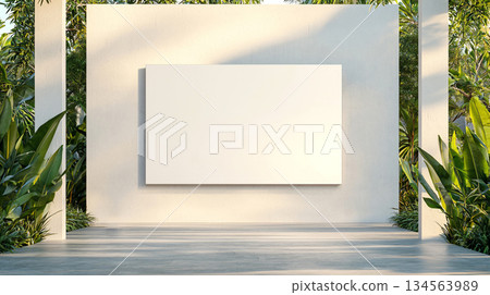 Minimalist blank screen on digital billboard in serene garden setting 134563989