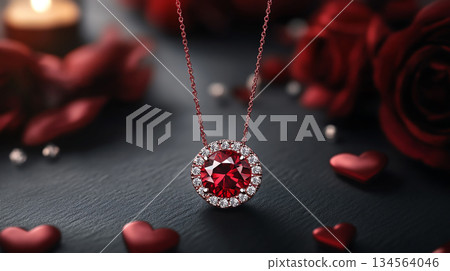 Elegant red gemstone necklace surrounded by roses and hearts 134564046