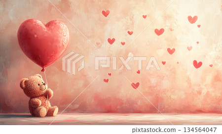 cute teddy bear holding heart shaped balloon against soft background 134564047