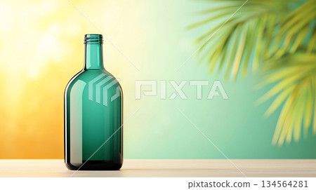 green glass bottle on wooden surface with tropical background green glass bottle on wooden surface with tropical background 134564281
