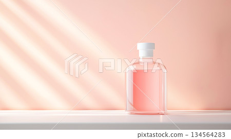 Elegant pink glass bottle with liquid on white shelf against pastel background 134564283