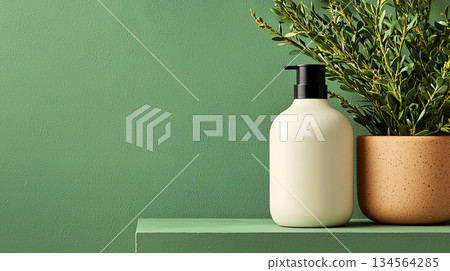 Minimalist bottle on green shelf with plant, creating serene atmosphere 134564285